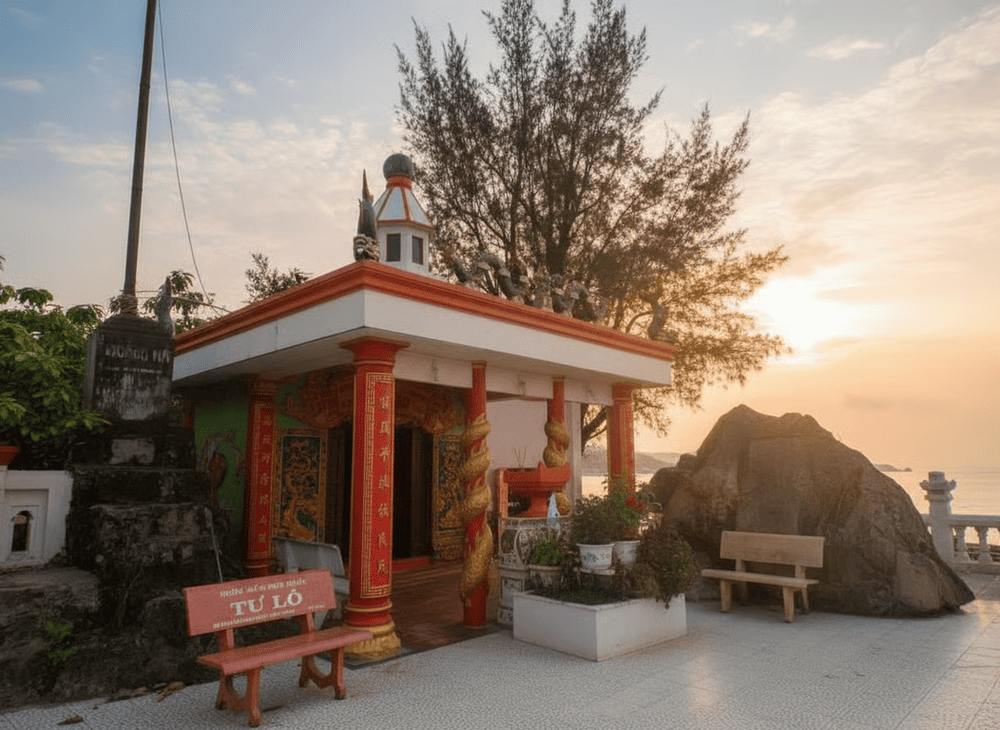 Dinh Cau Temple stands gracefully on a rocky promontory overlooking the sea, blending spiritual reverence with scenic beauty